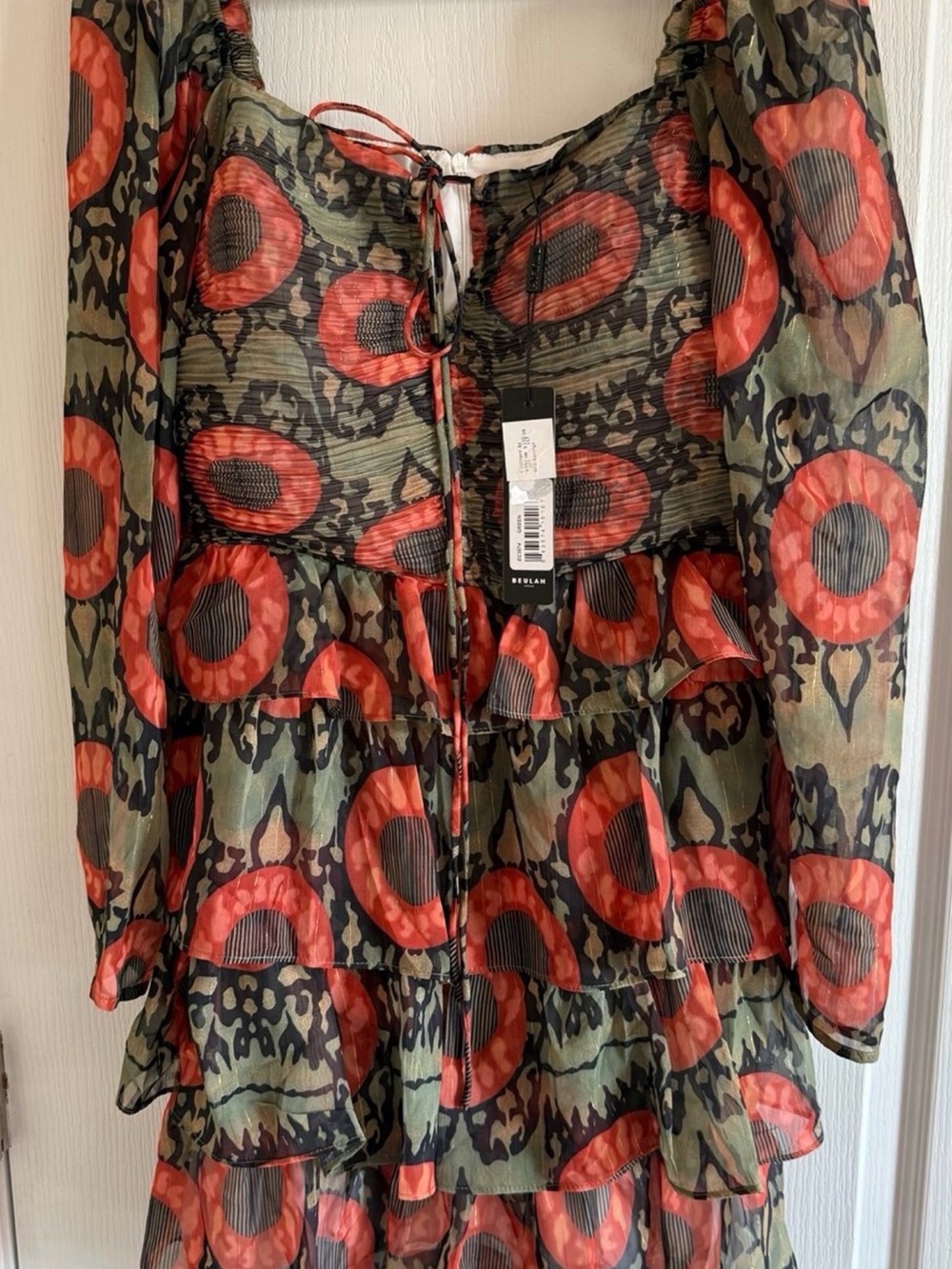Beulah Olive Green and Red Printed Ruffle Tunic Dress